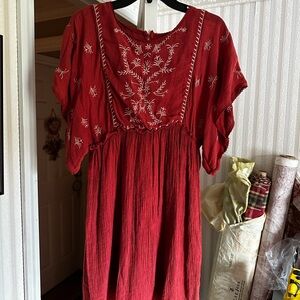 Blue Rain Scarlet Dress with White Embroidery